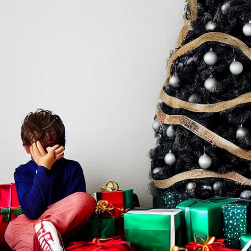 Image similar to a kid at christmas disappointed and crying looking a giant moai statue, his hands buried in his face, sitting down, looking disgusted and annoying | inside of a house next to a christmas tree, large opened present box next to the moai