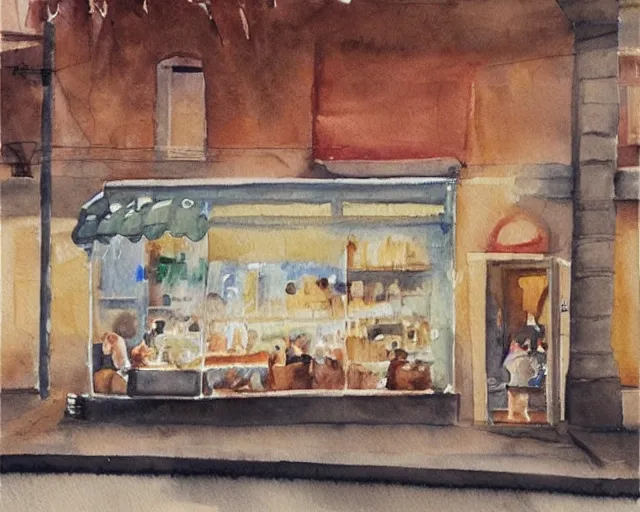 Prompt: a coffee shop watercolor by brad mesina trending on artstation