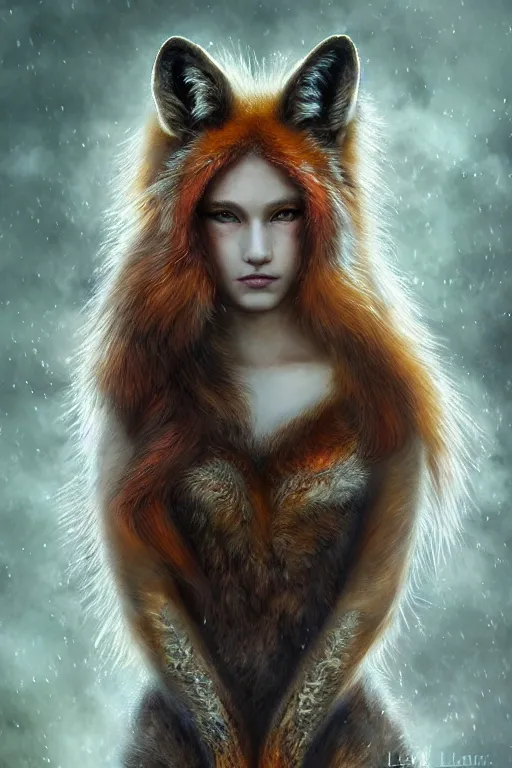 Image similar to majestic and regal portrait of a beautiful young female fox girl!!, intricate, animal ears, epic, elegant, menacing, fantasy, highly detailed, digital painting, hard focus, beautiful volumetric lighting, epic light, ultra detailed, souls, smoke, by leesha hannigan, ross tran, thierry doizon, kai carpenter, ignacio fernandez rios