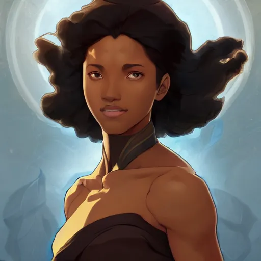 Prompt: Portrait of Avatar Korra, Legend of Korra, melanated brown skin, afro, black intricate, elegant, highly detailed, digital painting, artstation, concept art, smooth, sharp focus, illustration, art by artgerm and greg rutkowski and alphonse mucha