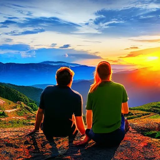 Image similar to a happy couple sitting on a mountain watching the sun rise, photograph, realistic, hdr