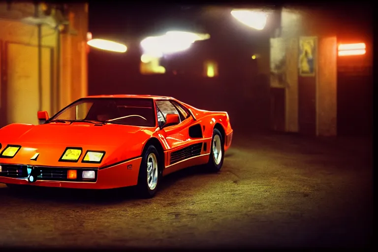 Image similar to stylized poser of a single 1985 Ferrari GTO, thick neon lights, ektachrome photograph, volumetric lighting, f8 aperture, cinematic Eastman 5384 film