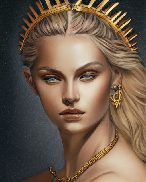 Image similar to tattoo sketch of blonde super model aphrodite greek goddess wearing a gold laurel wreath and triangle earrings, beautiful piercing gaze with sharp pupils, in the style of greg rutkowski, fantasy, amazing detail, epic, elegant, smooth, sharp focus, front view