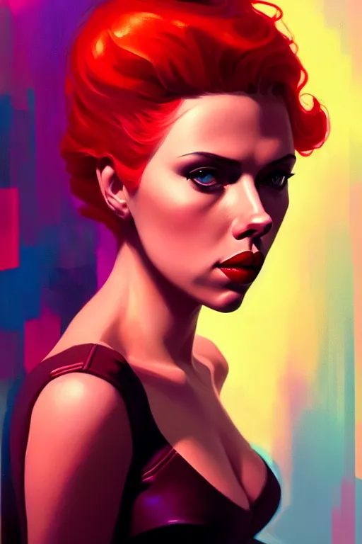 Prompt: closup portrait of scarlette johansson as noir femme fatale by sabbas apterus and james jean, bright saturated colors, concept art, beautiful composition, digital painting, trending on artstation, mucha