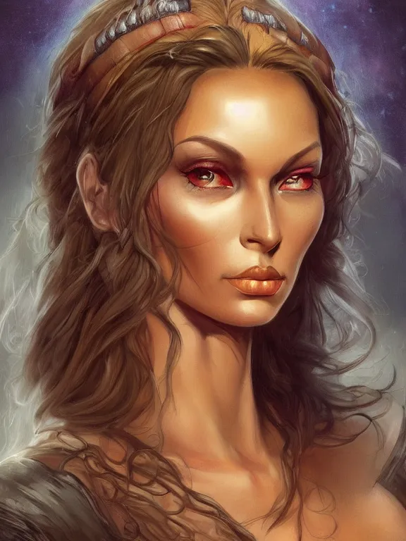 Image similar to a portrait of a beautiful female wizard, full face, beautiful clothes, style of Boris Vallejo and Frank Frazetta, very detailed, fantasy art, trending on artstation and deviantart