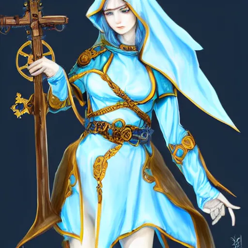 Prompt: female full body demon nun holding fantasy gun concept art, light blue cleric robe with golden embroidery, nun veil cover with horns on top, dark fantasy game character design concept, in shoo art, miukumauk art, loputyn, billelis, srasa