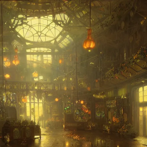 Image similar to detailed painting of a retroscifi interior in 1 9 4 0, floral ornaments, volumetrics lights, beam of bright lights through the clouds, andreas achenbach