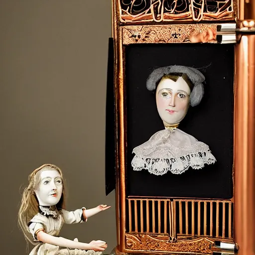 Image similar to full - color photo of a victorian female automaton which is a schoolteacher that writes poems on a chalkboard. it has a beautiful woman's face, and it is made of copper and porcelain and fabric, with complex intricate wind - up clockwork mechanisms. it is on display in a history - museum with studio - lighting, and is coin - operated.