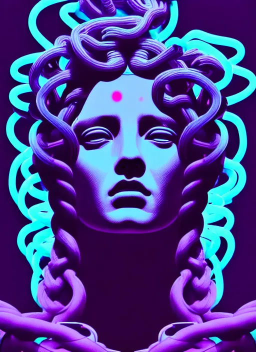 Prompt: statue of medusa, beeple, android jones, liam wong, ( ( ( ( ( dan mumford ) ) ) ) ), vaporwave, retrowave, black background, neon wiring, black, glitch, strong contrast, cuts, pinterest, trending on artstation