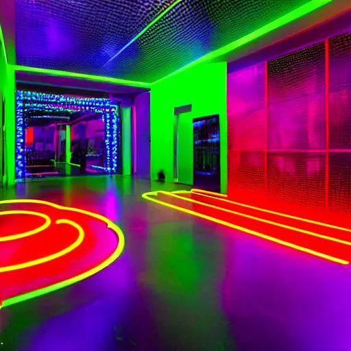 Image similar to A neon dance club, glowing fluorescent with shiny floors and reflective walls.