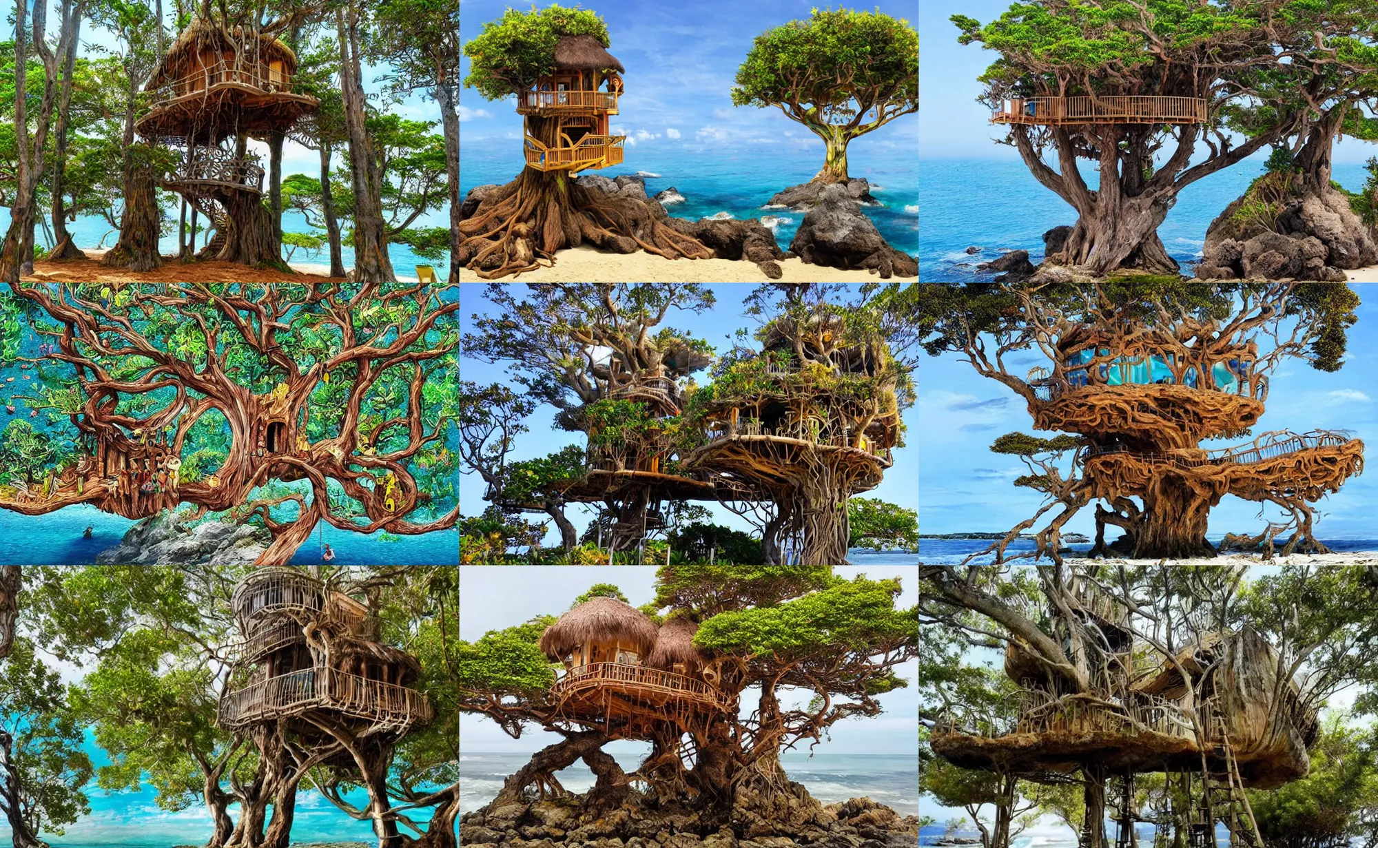 Prompt: body painting of a mystical island treehouse on the ocean