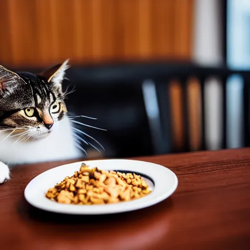 Image similar to A photo of a cat wearing a suit sitting in a fancy and expensive gourmet restaurant and eating a plate of cat food. f/2.8, dim lighting, award winning photo