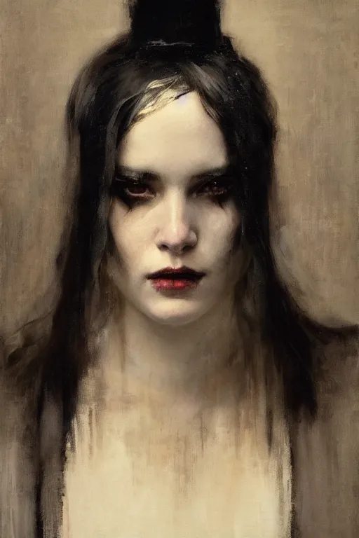 Image similar to Richard Schmid and Jeremy Lipking and Roberto Ferri full length portrait painting of a young beautiful evil fantasy priestess covered head to toe in black except for face