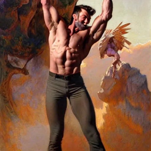 Image similar to muscular hugh jackman performs on broadway, painting by gaston bussiere, craig mullins, j. c. leyendecker, tom of finland