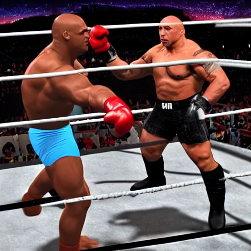 Image similar to ricardo milos vs the rock, fighting at wwe wrestling stadium, while the crowd goes wild, photo realistic