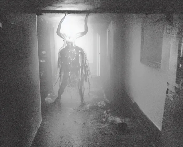 Image similar to horror demon evil transparent spirit attacks in basement interior photo shot on iphone, dynamic pose, middle body shot, sharp focus, grainy, corpse, paranormal, long exposure, flashlight, night, total darkness, poltergeist, aberrations,