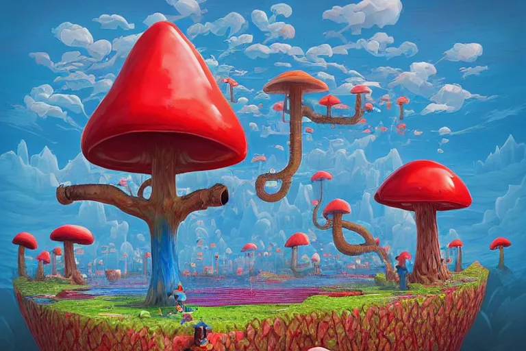 Image similar to lone man with red shirt and blue pants in surreal mushroom kingdom, floating island in the sky, waterpipes in the ground, summer morning, very coherent and colorful high contrast, art by!!!! gediminas pranckevicius!!!!, geof darrow, dark shadows, hard lighting