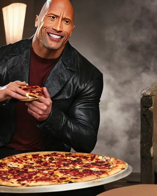 Image similar to dwayne johnson as beetlejuice eating pizza