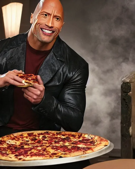 dwayne johnson as beetlejuice eating pizza