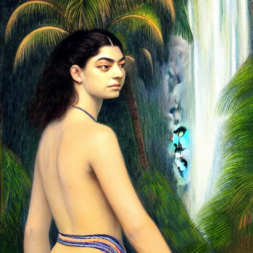 Image similar to a ultradetailed beautiful painting of lorde standing in front of the diamonds waterfall in the amazonas palace balustrade designed by jules bastien - lepage, tarsila do amaral, frank weston and gustave baumann, beach, trending on artstation, mediterranean, palm trees, sharp focus, soft light, 8 k 4 k