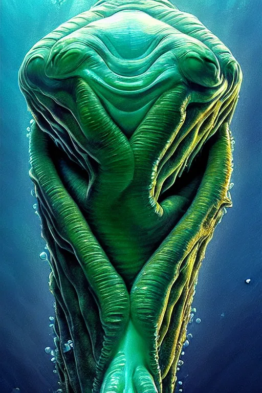 Image similar to hyperrealistic close-up surrealism underwater creature monster!! highly detailed concept art eric zener elson peter cinematic hard green lighting high angle hd 8k sharp shallow depth of field, inspired by David Paul Cronenberg and Zdzisław Beksiński