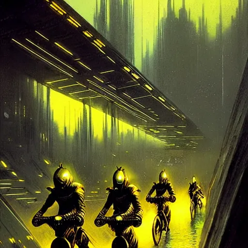 Prompt: cyber riders by bruce pennington, black and yellow, dark neon trimmed beautiful dystopian digital art