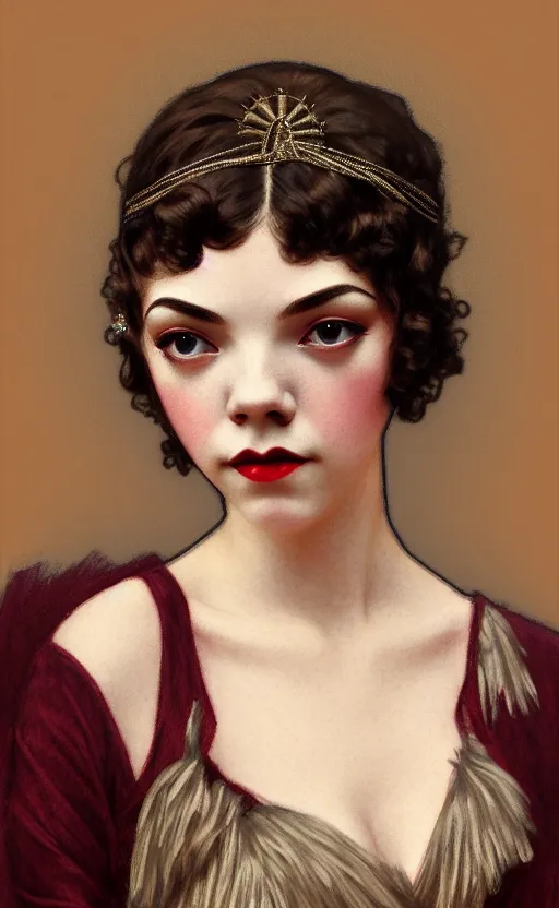 Image similar to portrait en buste flapper girl anya taylor-joy, beth harmon, thomasin, gina gray, casey cooke, traditional corsican, intricate, highly detailed, artstation, illustration, jurgens, rutkowski, bouguereau, mucha, roaring 20s, 1920s gaudy color