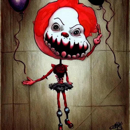 Image similar to grunge cartoon painting of a cow with a wide smile and a red balloon by chris leib, loony toons style, pennywise style, corpse bride style, horror theme, detailed, elegant, intricate