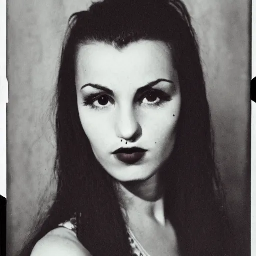 Image similar to old film photo of an atractive cool alternative bosnian woman in her early 20s. beautiful face. She has dark brown hair, dark thick eyebrows, brown eyes and shoulder long hair.