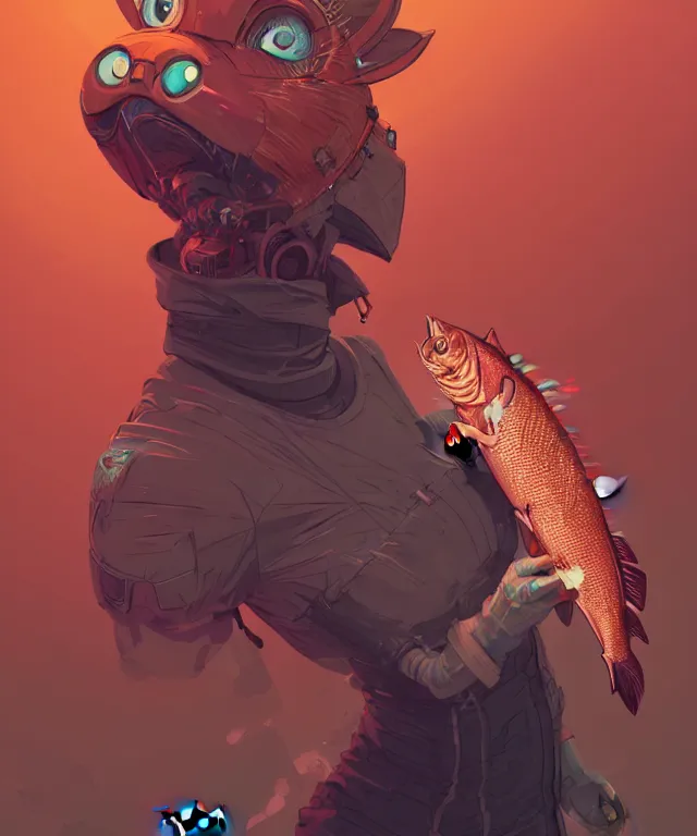 Prompt: a portrait of an anthropomorphic cyberpunk cat holding a salmon, fantasy, elegant, digital painting, artstation, concept art, matte, sharp focus, illustration, art by josan gonzalez