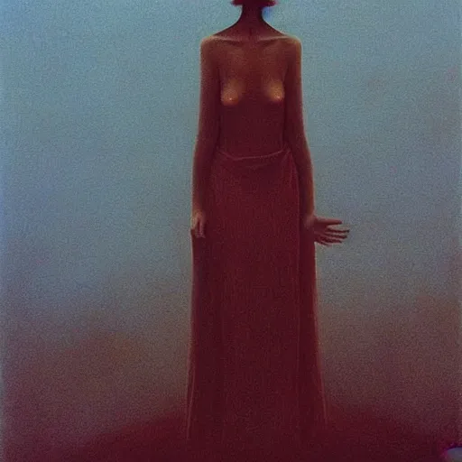 Prompt: a woman in a dress posing, feeling of surrender, by Zdzislaw Beksinski and Marat Safin