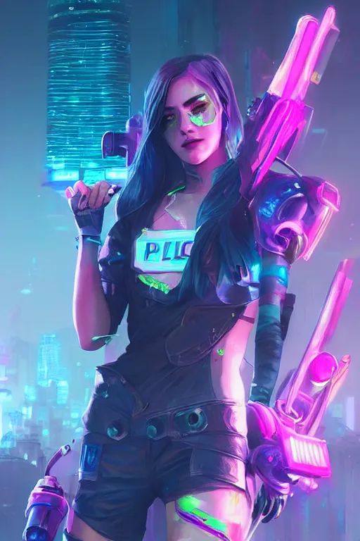 Image similar to cailyn from league of legends, cyberpunk futuristic neon. wearing police uniform, decorated with traditional japanese ornaments by ismail inceoglu dragan bibin hans thoma greg rutkowski alexandros pyromallis nekro rene maritte illustrated, perfect face, fine details, realistic shaded, fine - face, pretty face