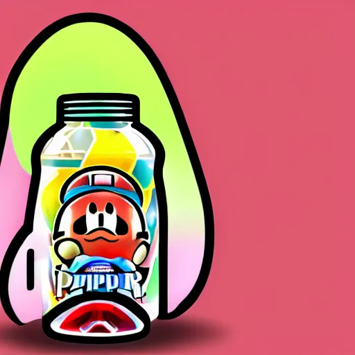 Image similar to a bottle of poppers with nintendo kirby as the logo, detailed