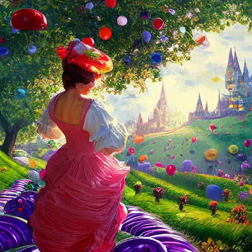 Prompt: portrait of a victorian woman, running up a hill of exotic candies in candyland, giant multicolored lollipops, giant suckers, giant gumdrops, exotic candies, from behind, Castle in distance, birds in the sky, sunlight and rays of light shining through trees, beautiful, solarpunk!!!, highly detailed, digital painting by Michael Garmash and Peter Mohrbacher