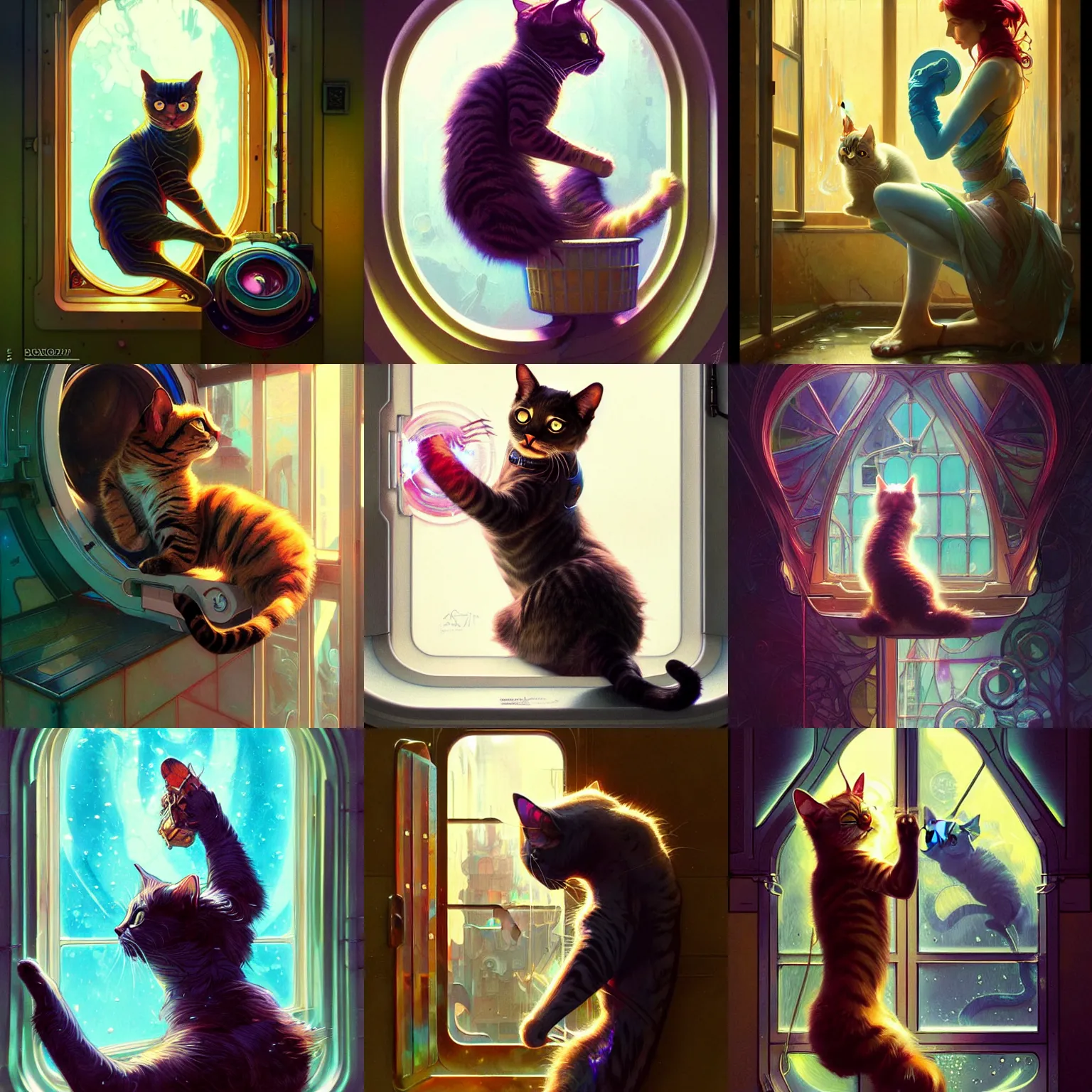 Prompt: Cat pressing against washing machine window, colorful, sci-fi, fantasy, intricate, elegant, highly detailed, digital painting, artstation, concept art, matte, sharp focus, illustration, art by Artgerm and Greg Rutkowski and Alphonse Mucha