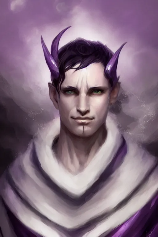 Image similar to white horns djinn man , black hair , portrait, concept art, purple and white thich cloak, illustration, costume design, editorial photo, fashion, hyperrealism, realism, trending on artstation, Charlie Bowater, WLOP