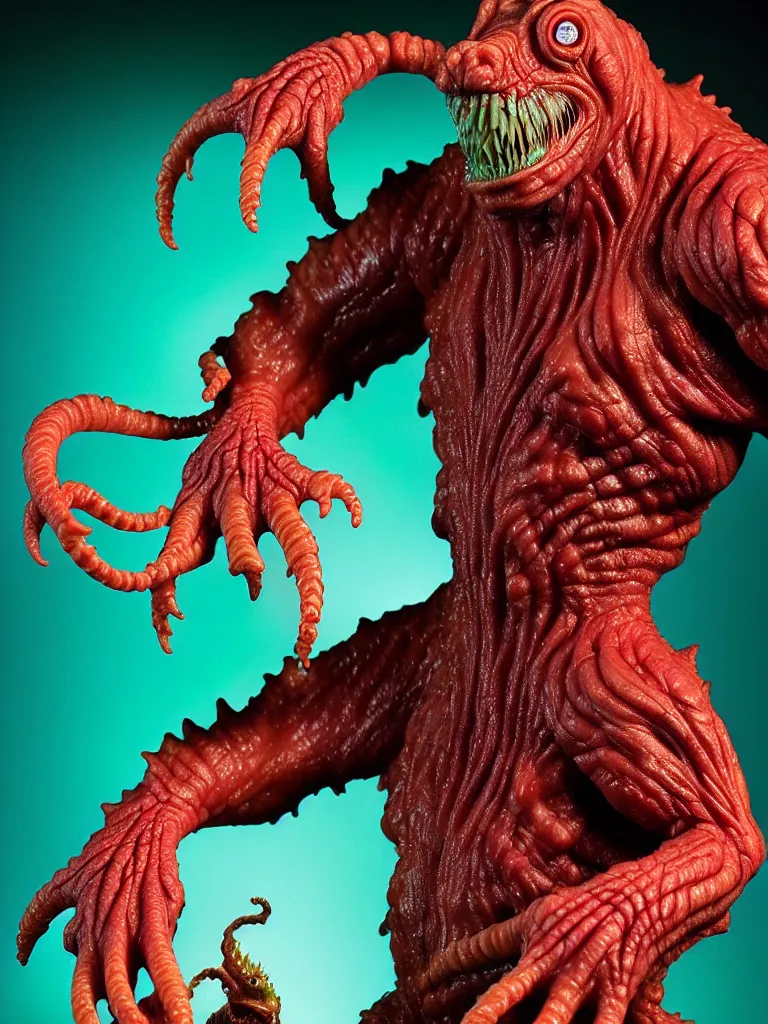 Image similar to hyperrealistic rendering, fat smooth cronenberg flesh monster predator by bernie wrightson and killian eng and joe fenton, product photography, action figure, sofubi, studio lighting, colored gels, colored background