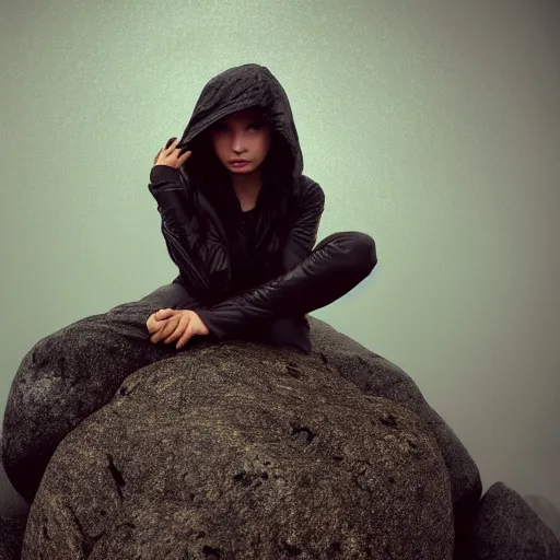 Prompt: Gorgeous primitive woman with her legs crossed, sitting under a ginormous rock, holding her hands out to the camera, in a rainy environment, fisheye lens!!!!!, rainy and wet atmosphere, closeup, dark and grim lighting, trending on artstation, 4k, 8k