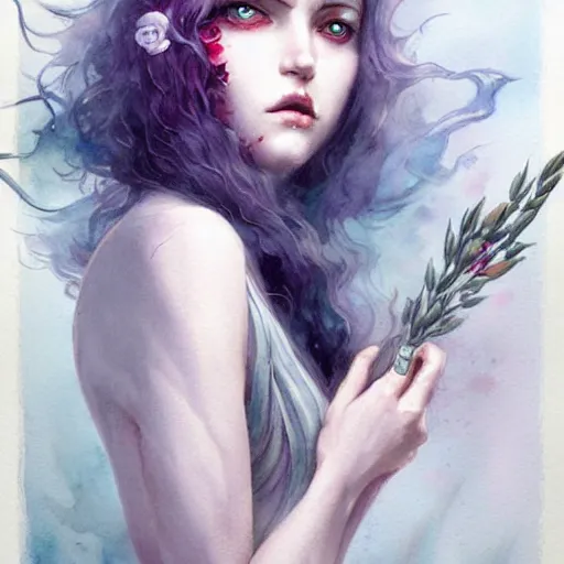 Image similar to full body portrait, beautiful goddess of sworming flowers, magical, with pale skin, blue eyes, long black hair, floating in a misty daze, by pete mohrbacher and greg rutkowski, watercolor painting, deviantart, pinterest