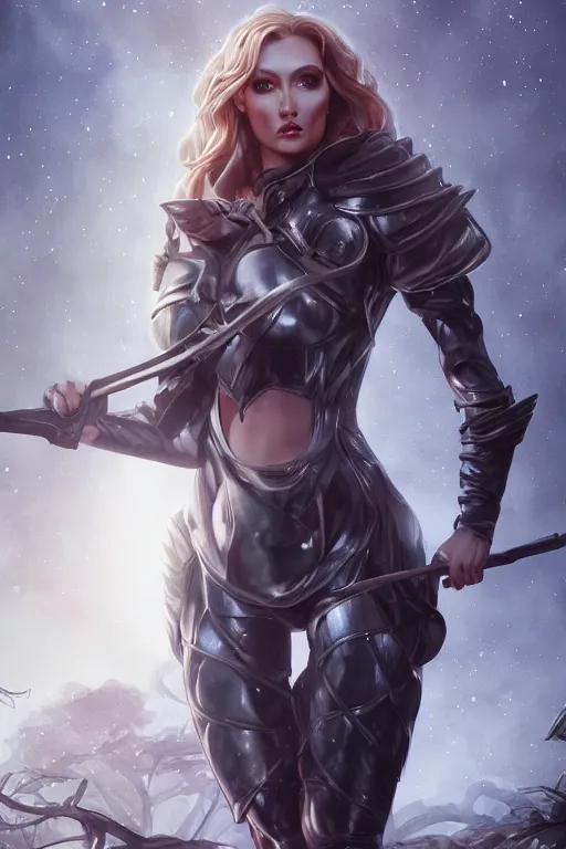 Image similar to Greek Goddess Artemis in moonlit forest wearing leather !!ranger!! armour, surrounded by !animals!, medium shot portrait by artgerm loish and WLOP, octane render, dynamic lighting, asymmetrical portrait, dark fantasy, cool toned, trending on ArtStation