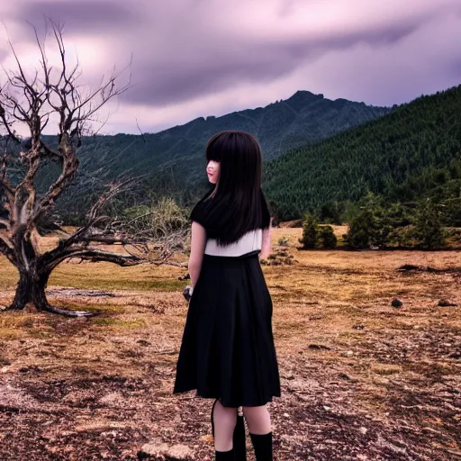 Prompt: misa amane looking away, standing near a dead tree with mountain in the background, sunset with cloudy skies, in a different realm, award winning dslr photography, clear image, global illumination, radiant lighting, intricate environment
