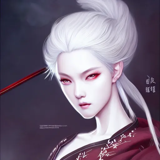 Image similar to Wuxia Blood Cultivator, white hair, gorgeous, amazing, elegant, intricate, highly detailed, digital painting, artstation, concept art, sharp focus, illustration, art by Ross tran and kuvshinov, photography portrait by Paolo Roversi