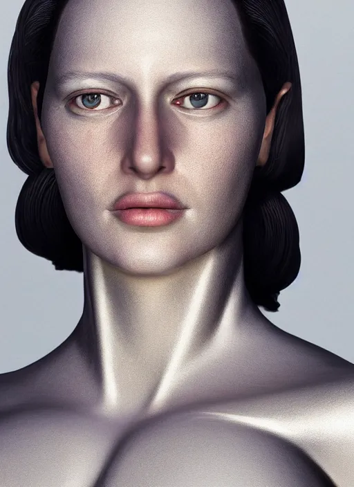 Image similar to hyper realistic and detailed closeup photo of a female android with hard surface panels and led lights by annie leibovitz