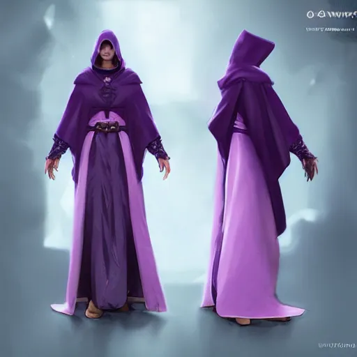 Image similar to female warlock long hood cloak purple, magic powers, powerful face, 8 k, trending on artstation by tooth wu and greg rutkowski