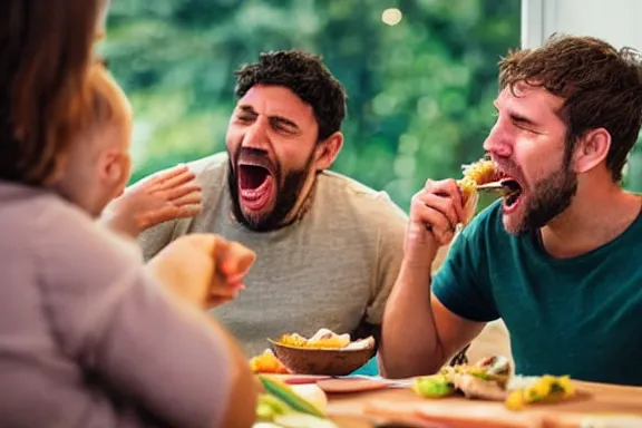 Image similar to a man unhinging his jaw while eating dinner with his family