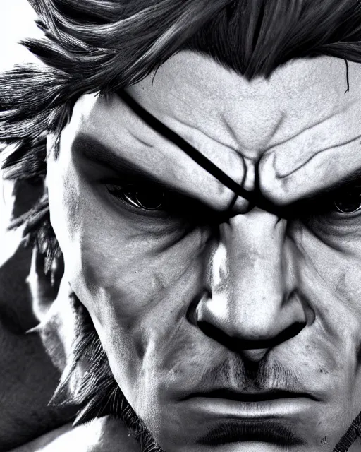 Image similar to solid snake bust portrait, cinematic lighting, anguished depressed facial expression, close - up, black atmospheric background, 4 k photography hdr