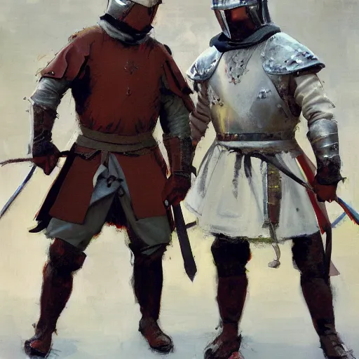 Prompt: portrait of two men wearing gambeson and medieval helmets, fighting, duelling, clashing swords, detailed by greg manchess, craig mullins, bernie fuchs, walter everett