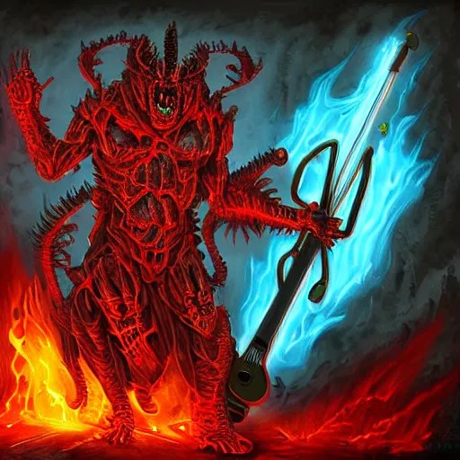 Prompt: Diablo, the lord of destruction, playing electrical guitar in hell for a crowd of skeletons. Digital painting. Realistic