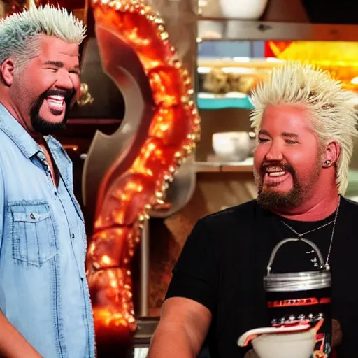 Image similar to guy fieri smiling ear to ear after smelling a fart from a big woman ’ s rear end