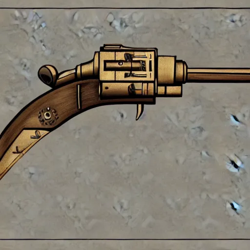 Image similar to technical drawing a steampunk revolver